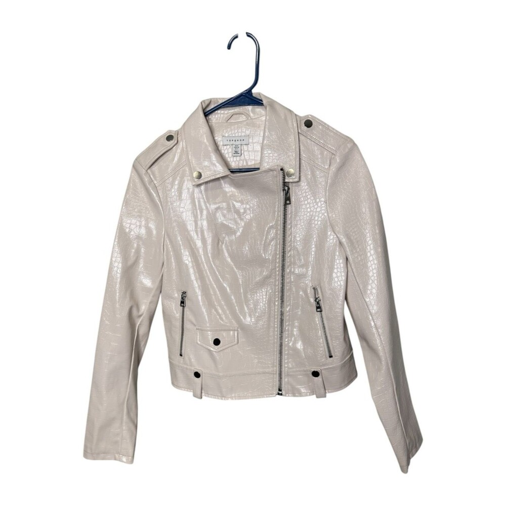 Topshop Cream Faux Leather Croc Moto Biker Jacket Size 4
